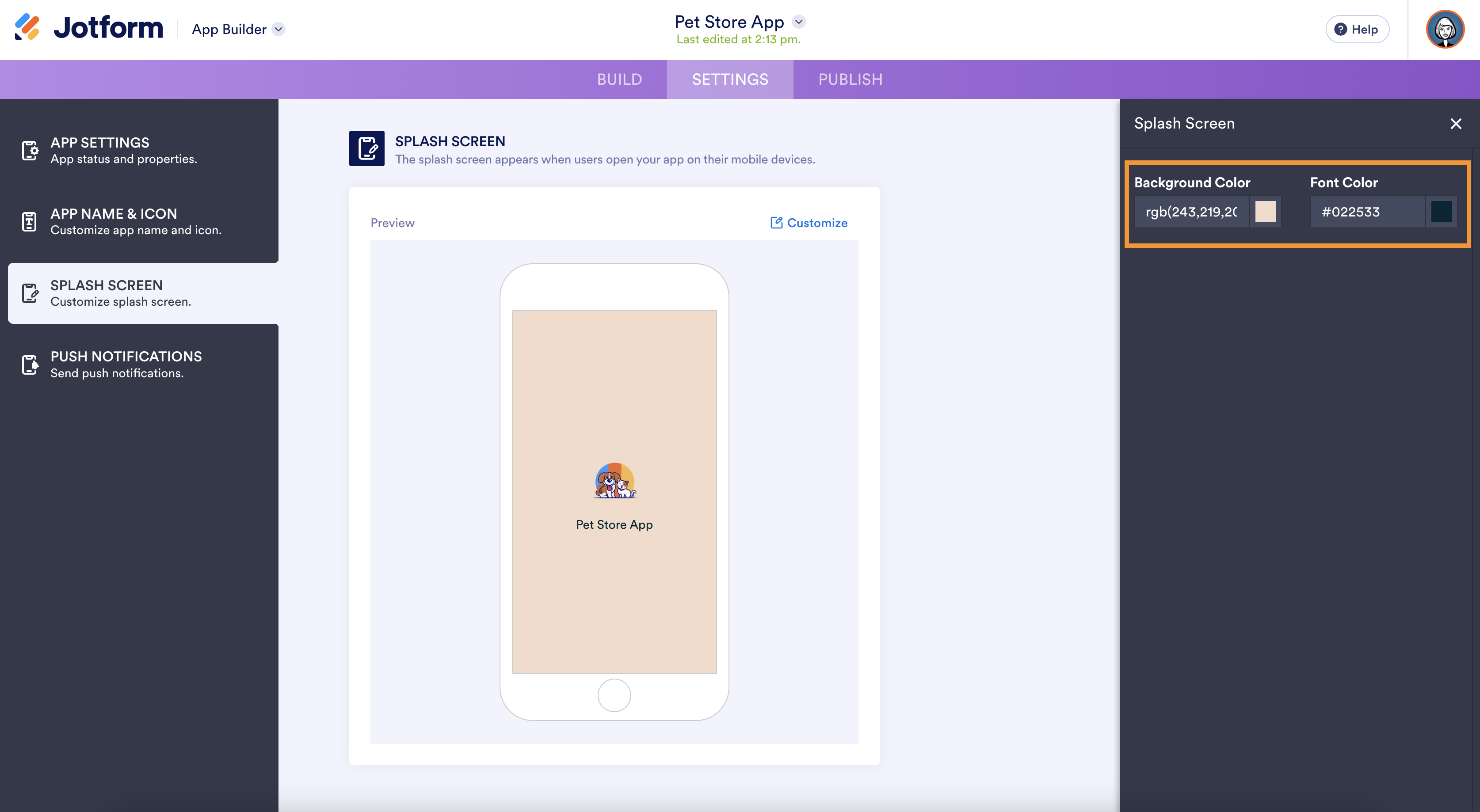 A screenshot of the splash screen customization panel in Jotform App Builder, showing options to edit background and font colors