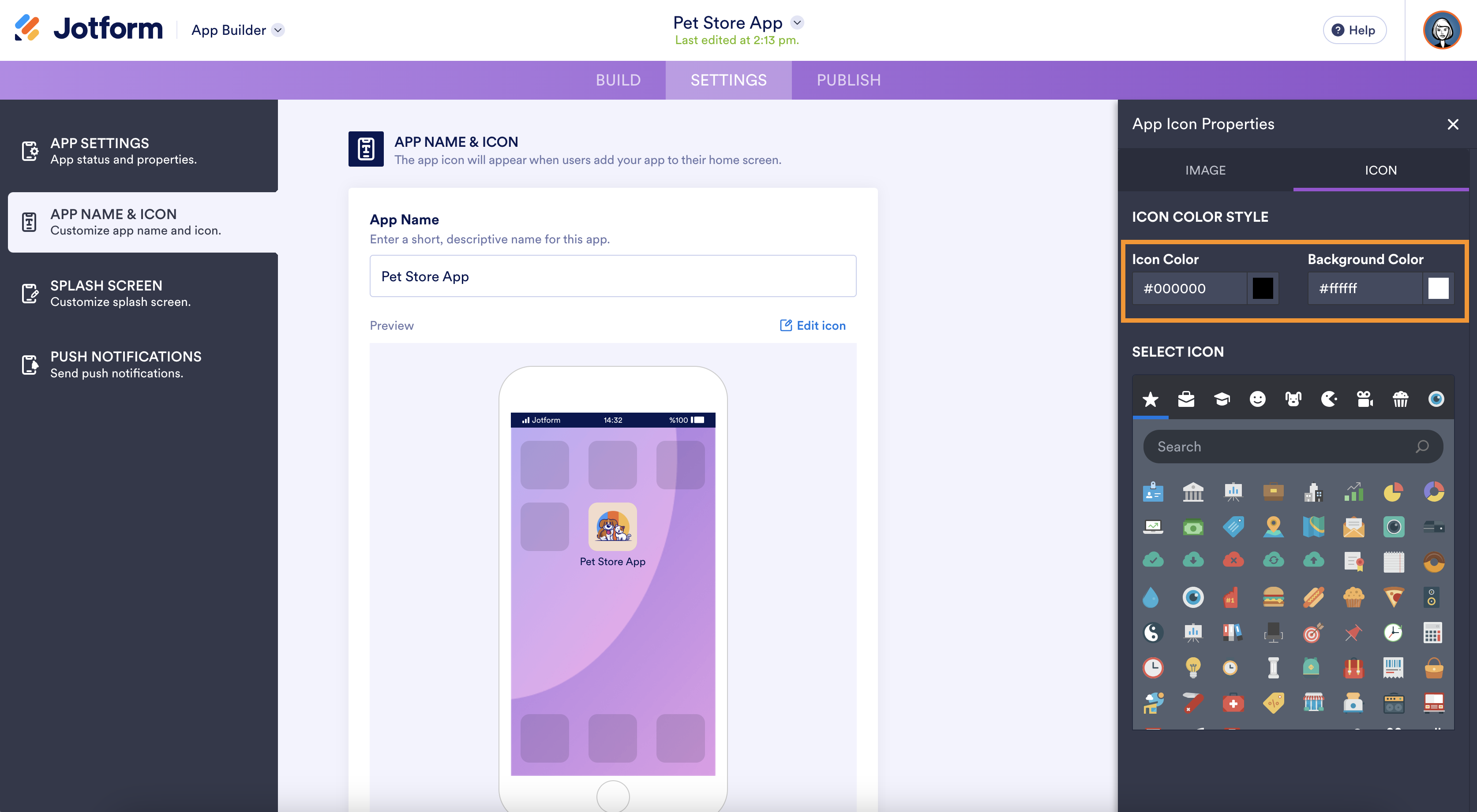 A screenshot of the app name and icon settings, highlighting the icon color and background color customization options