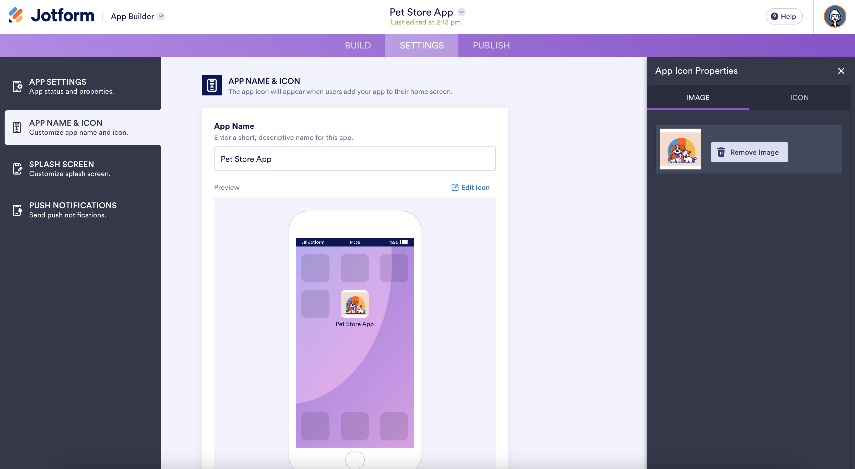 A screenshot of the app name and icon settings, showing a custom uploaded icon for the app with the option to remove it