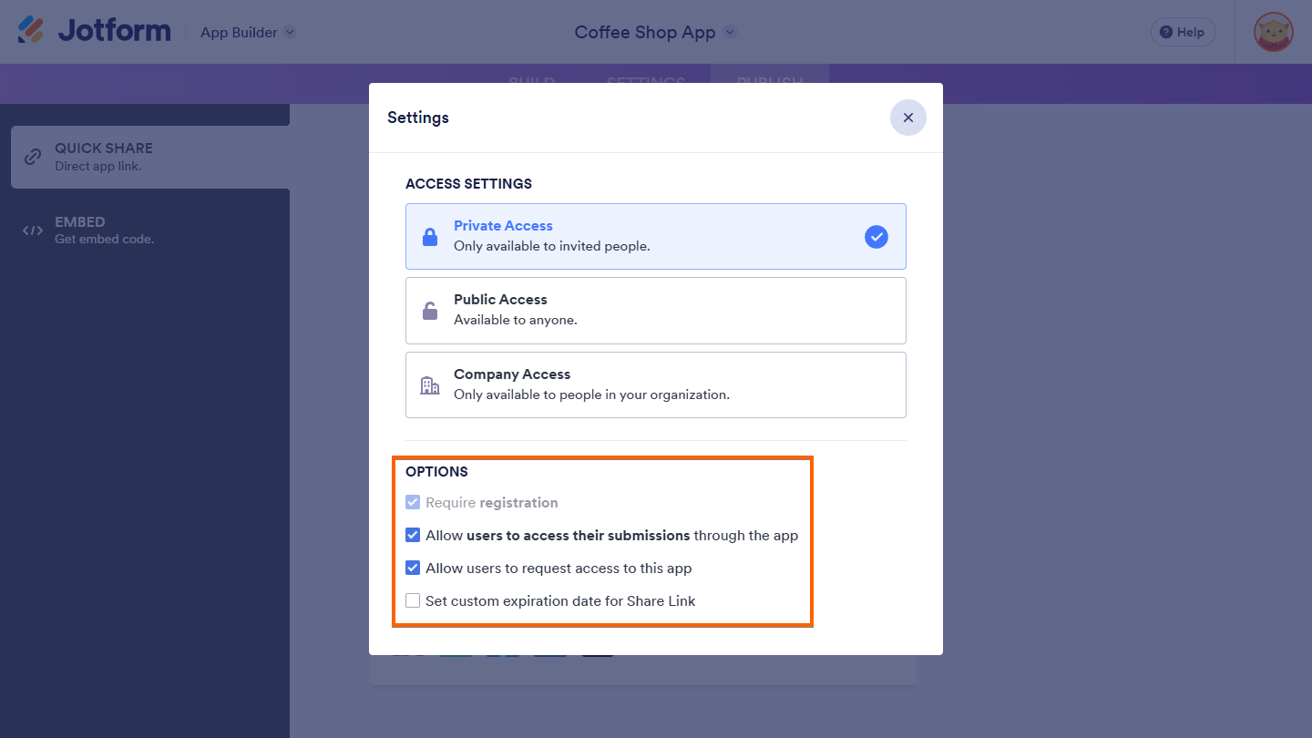 Private Access setting and options in Publish Settings of the Jotform App Builder