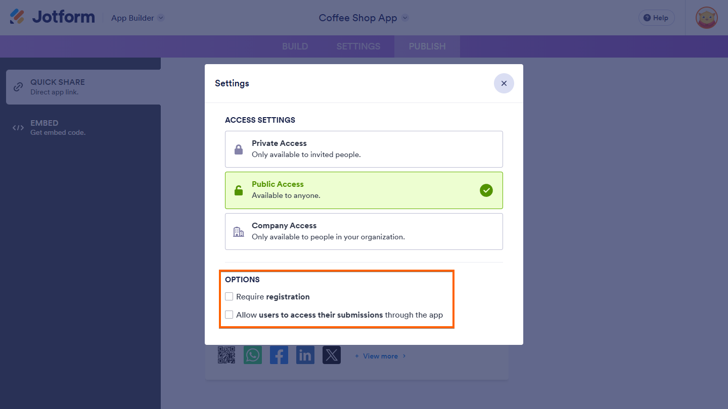 Public Access setting and options in Publish Settings of the Jotform App Builder