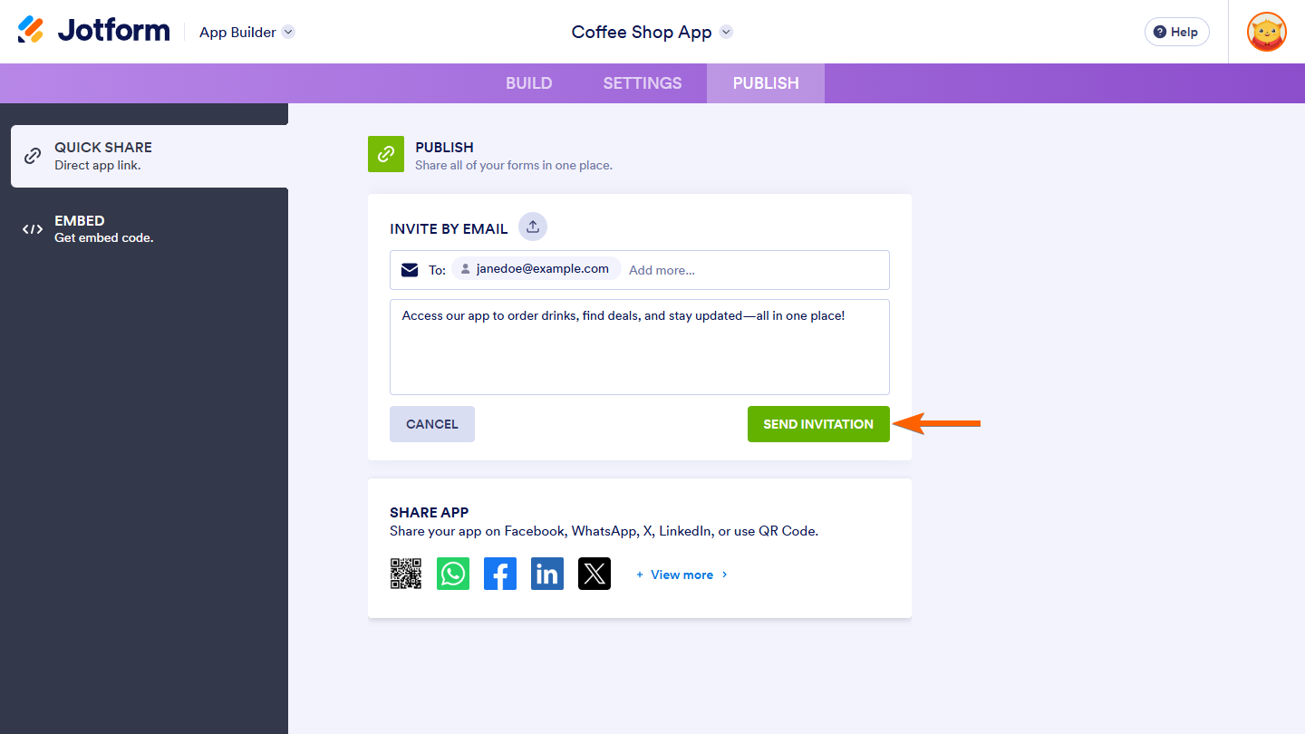 Send Invitation button in the Invite By Email section in the Publish tab of Jotform App Builder