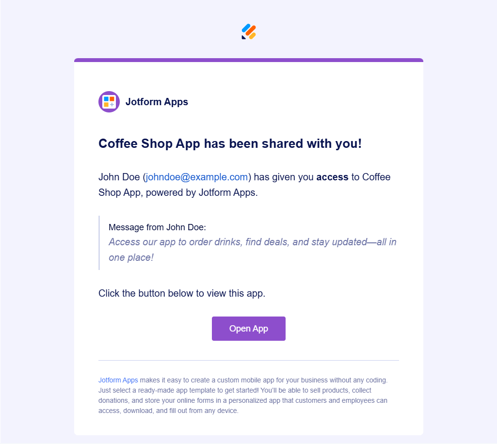 Shared App invitation email of Jotform Apps
