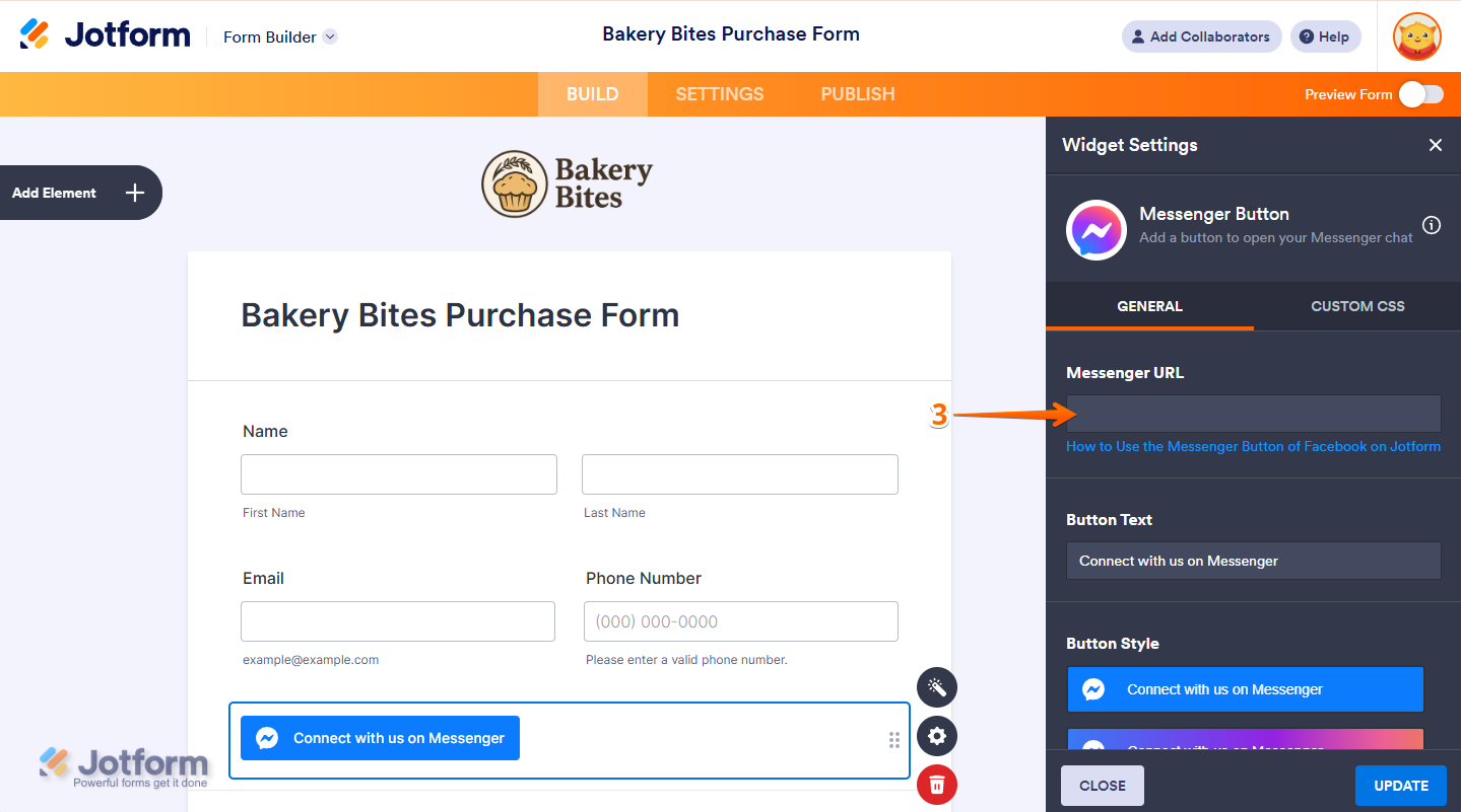 Pasting Messenger URL in the Messenger Button widget settings in Jotform