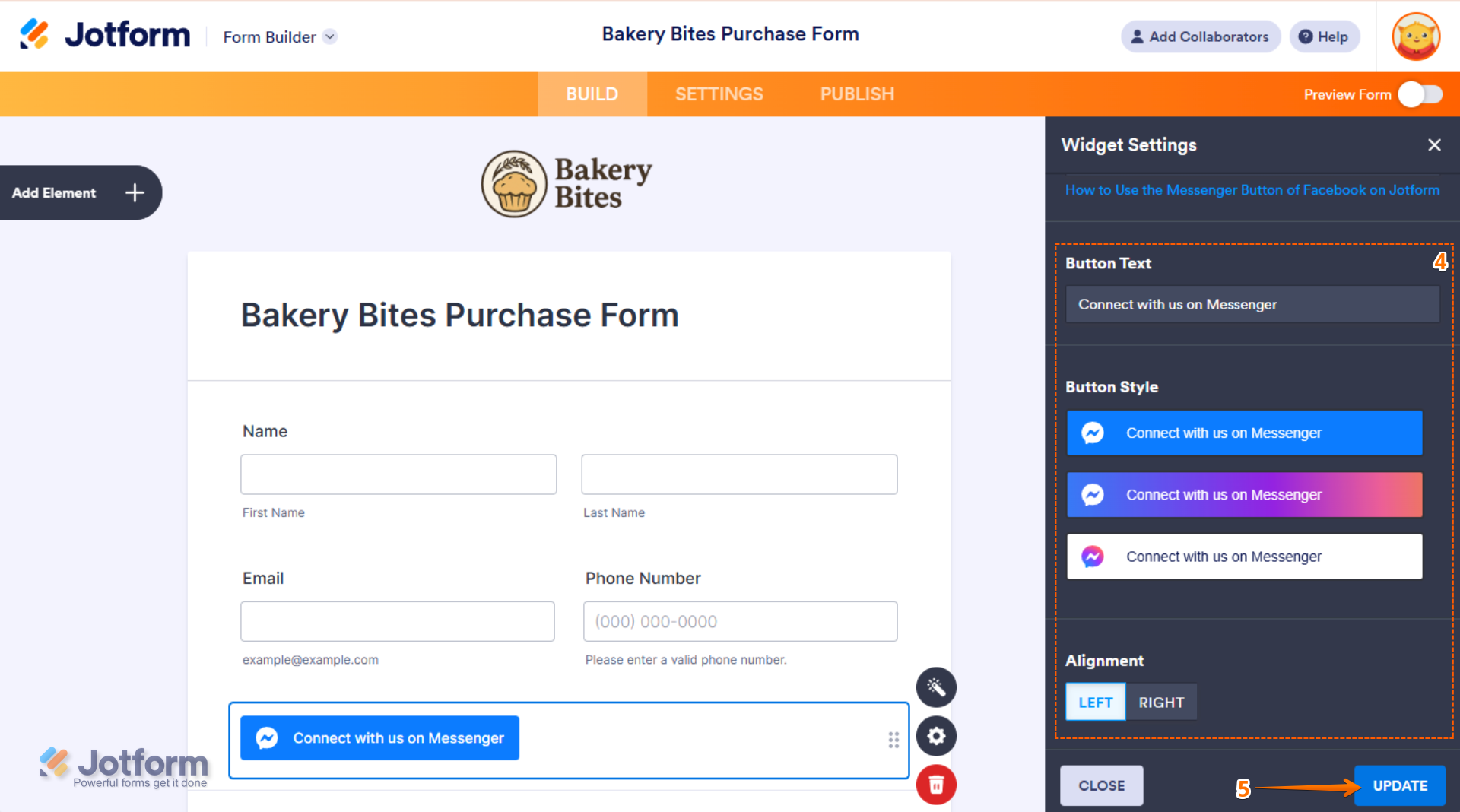 Customizing the Messenger Button widget’s text, style, and alignment in Jotform