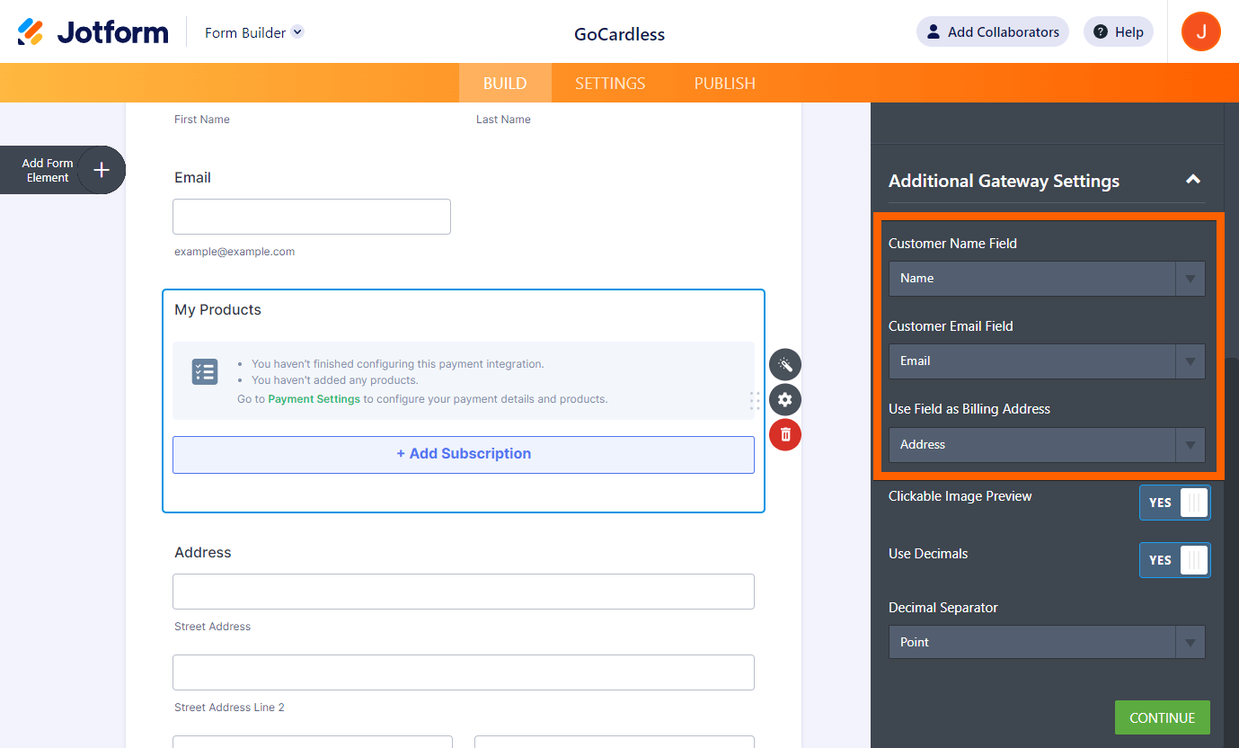 Additional Gateway Settings of the Jotform GoCardless integration with the dropdowns for customer name, email, and billing address