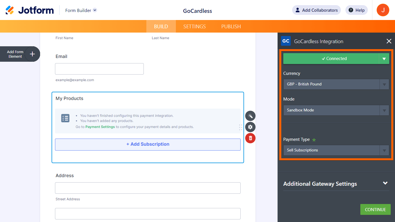 Payment Settings panel of GoCardless Integration highlighting the connect button, currency and payment type dropdowns