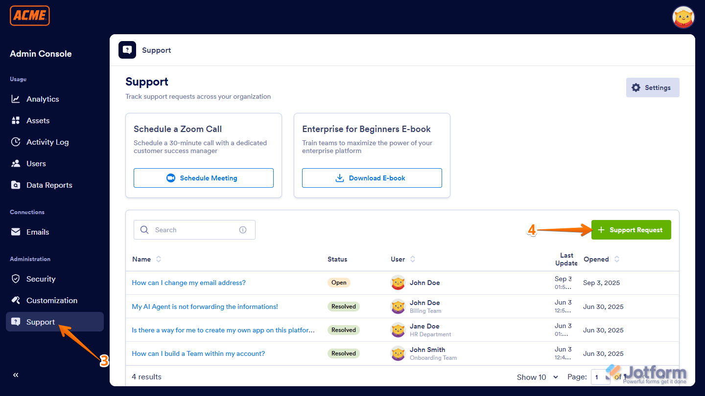Support Request in the Admin Console of Jotform Enterprise