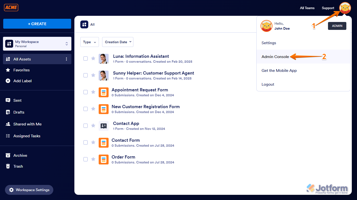 Admin Console menu in Jotform Enterprise