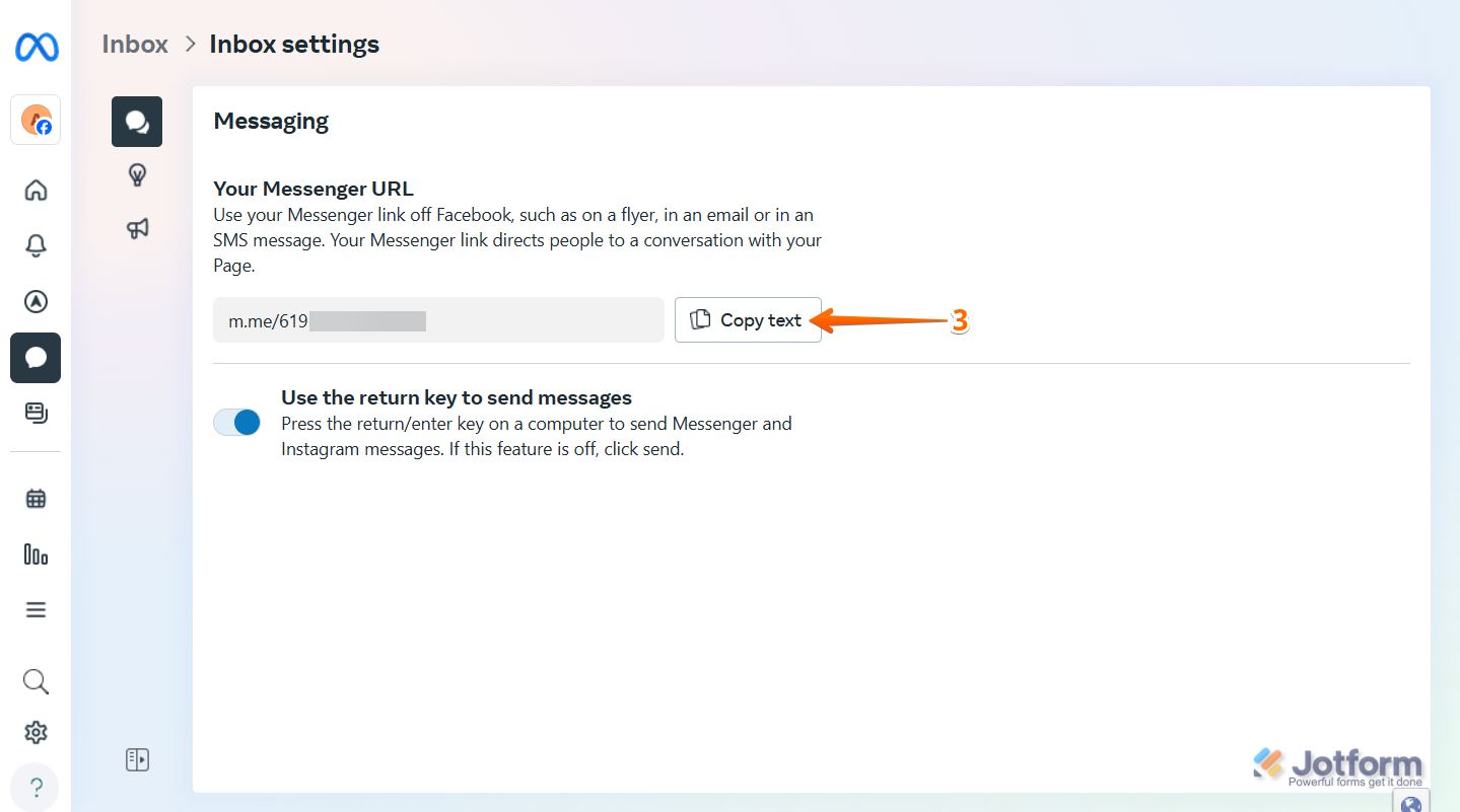 Clicking Copy Text to get the Messenger URL in Meta Business Suite