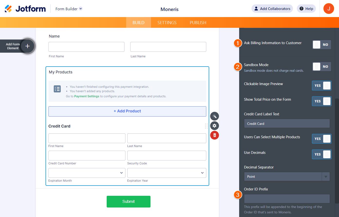 Additional Gateway Settings of the Jotform Moneris Integration showing the toggles for the Customer Information, Sandbox Mode, and the box for Order ID Prefix