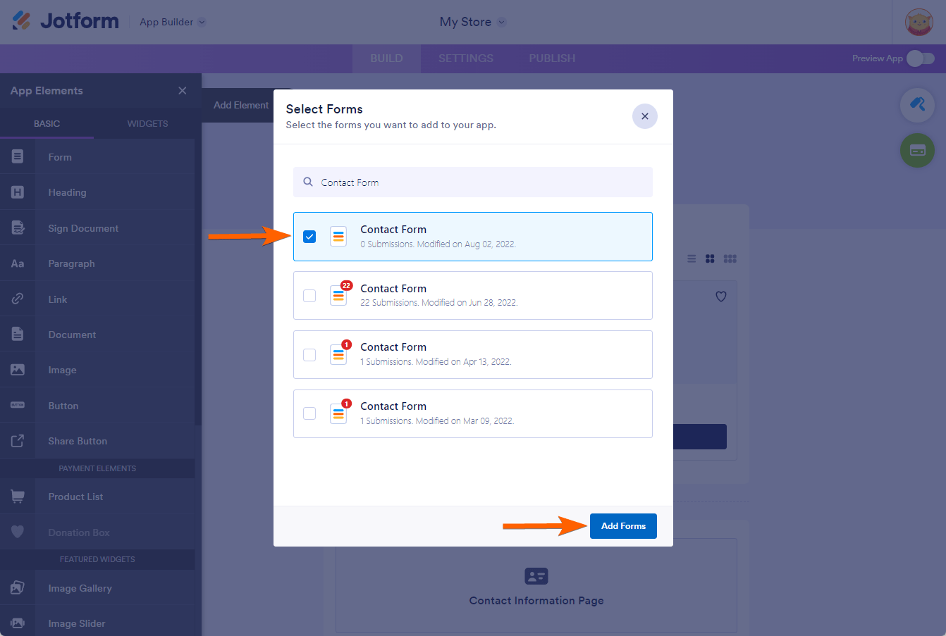 Select and add form in the Form element popup