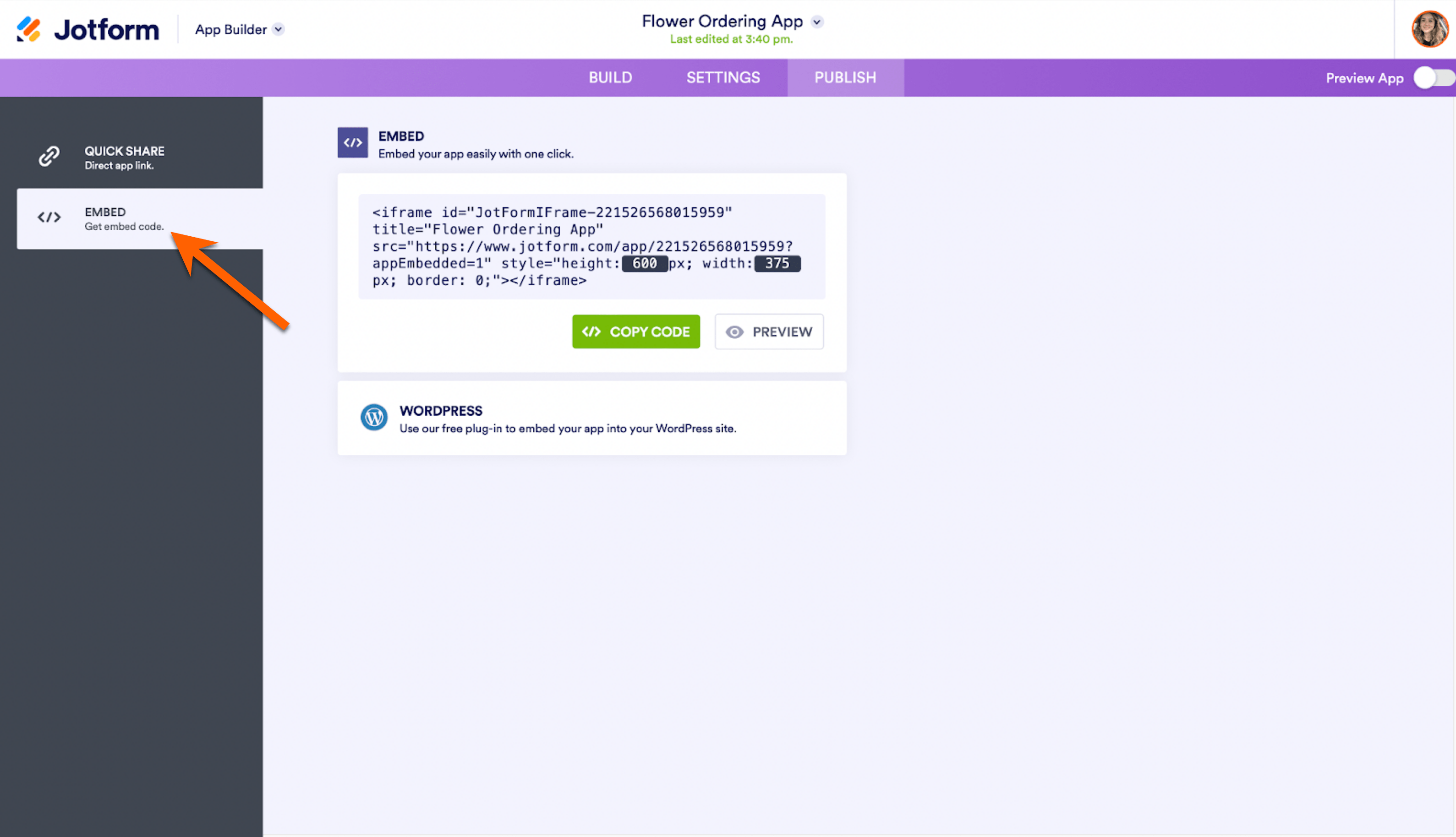 Screenshot of Jotform's Store Builder with an arrow pointing to the Embed button on the left side of the screen