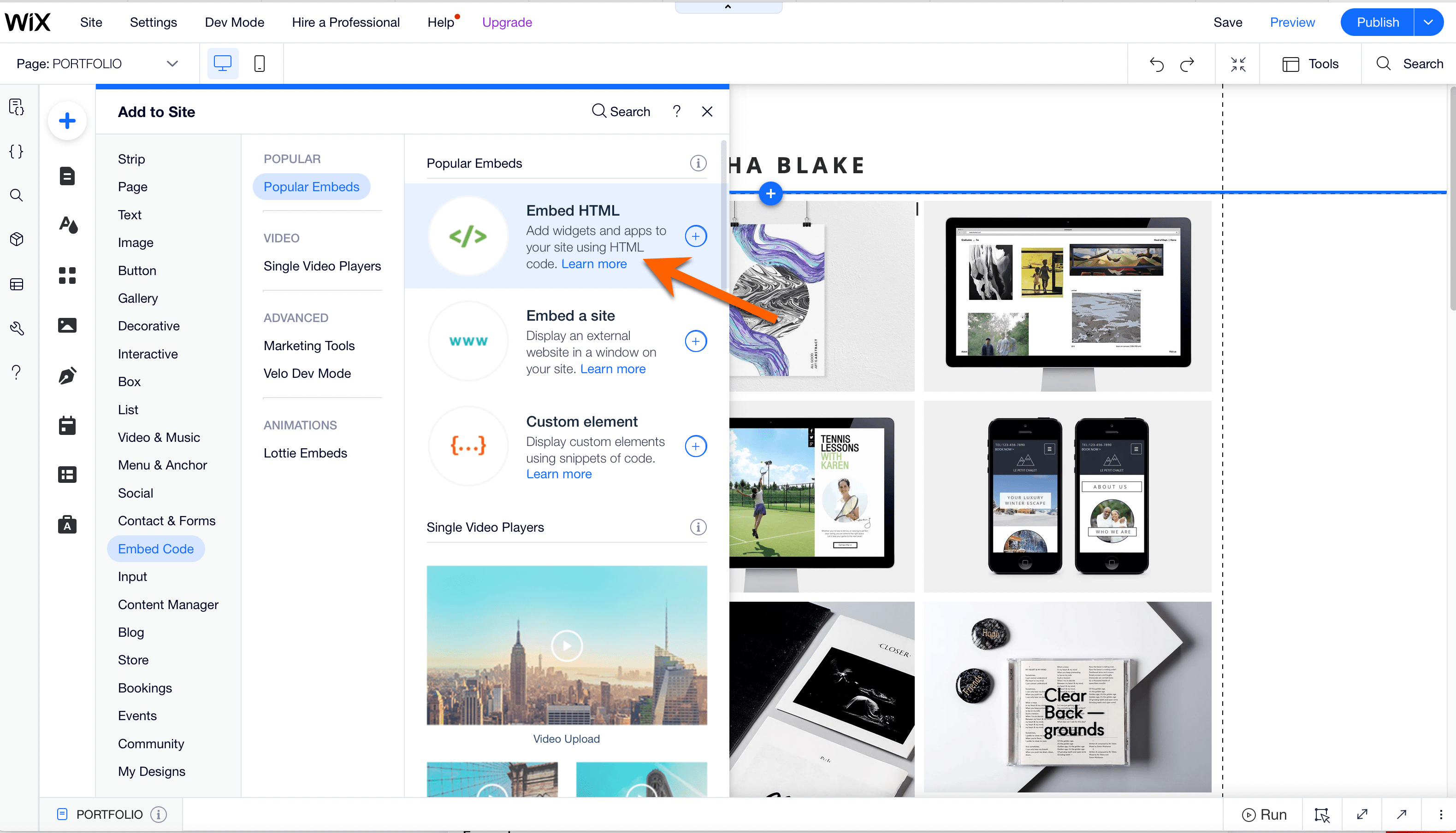 Screenshot of Wix's site builder with an arrow pointing to the embed HTML button