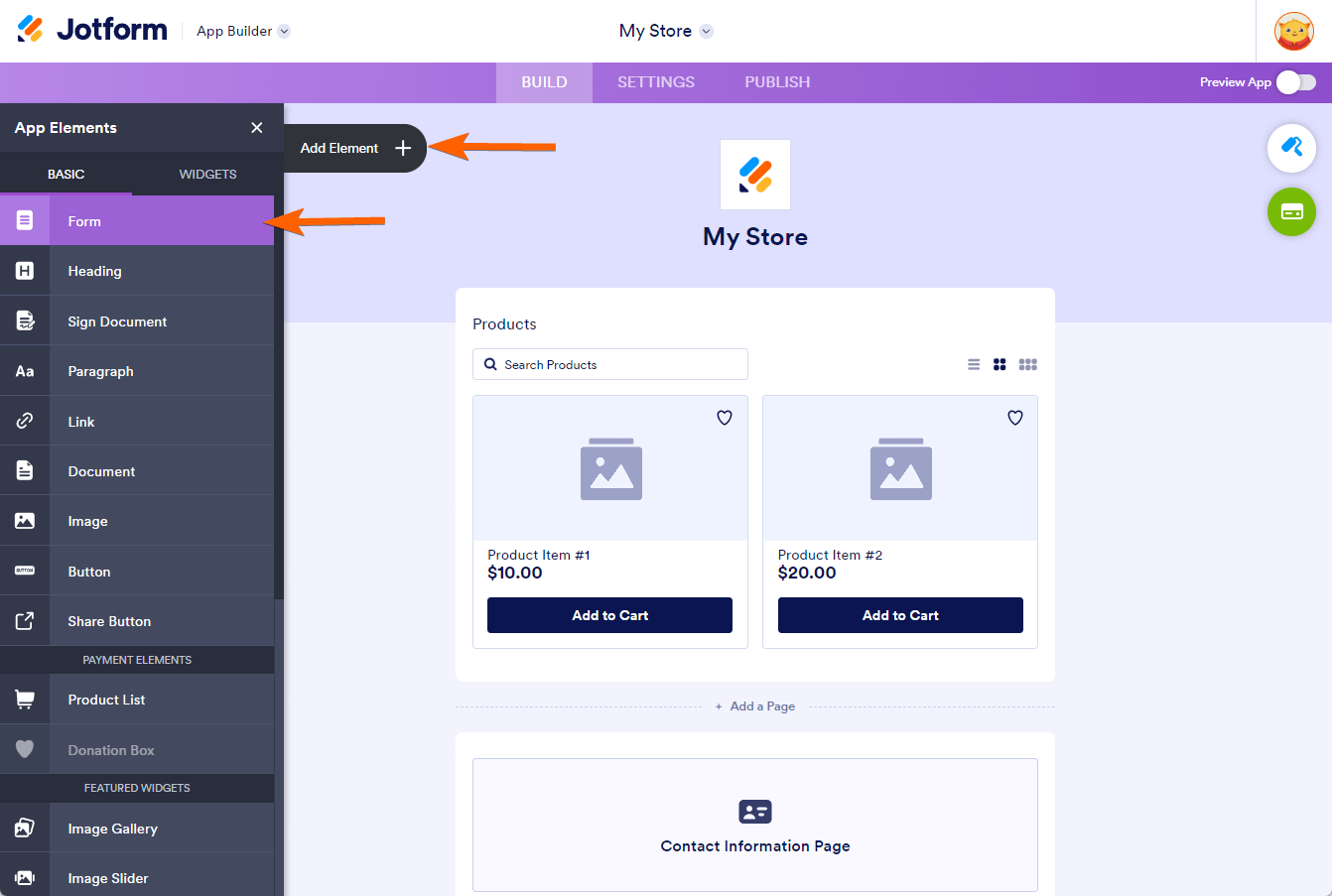 Form element in Jotform Store Builder