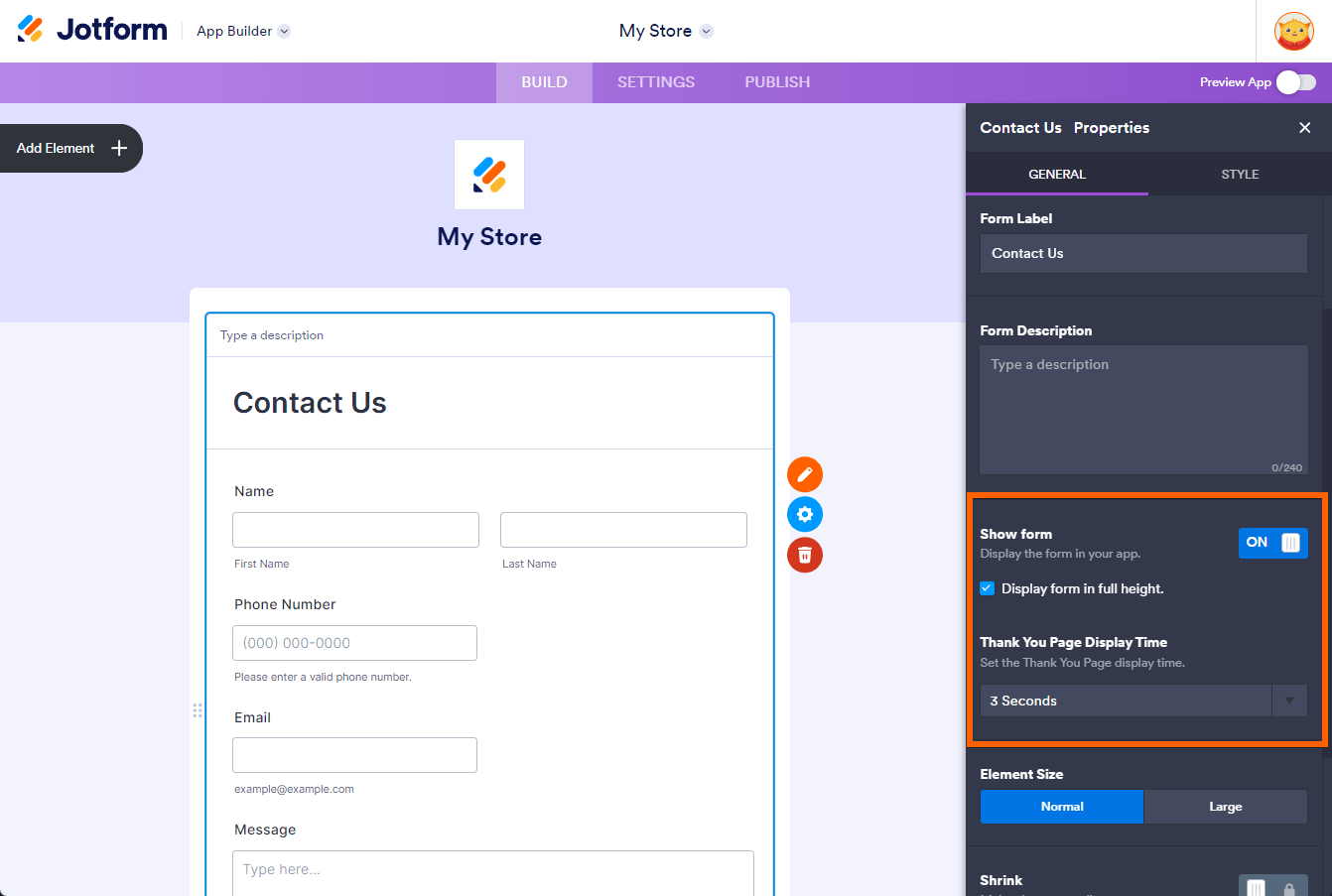 Show form toggle in the Form Element properties panel