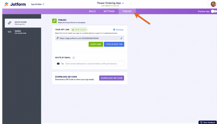 Publish tab in Jotform's Store Builder