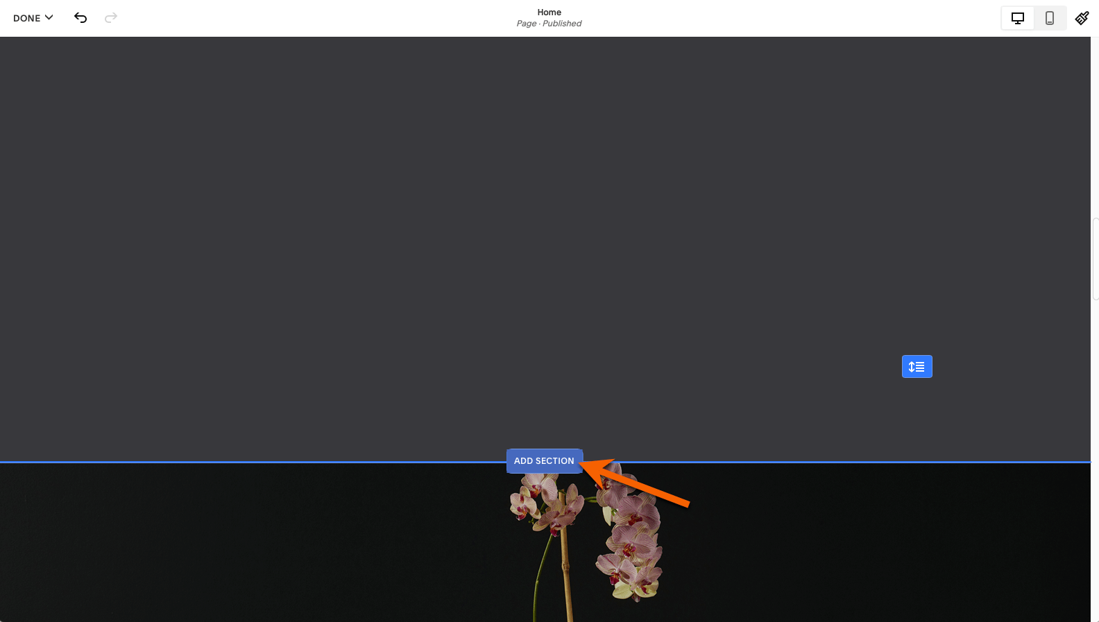 Screenshot of Squarespace's site builder with an arrow pointing to the Add Section button in the middle of the screen