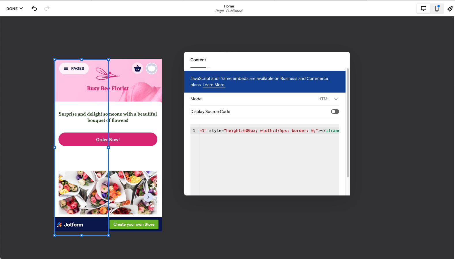 Screenshot of Squarespace's site builder with Jotform's store embedded into the site builder