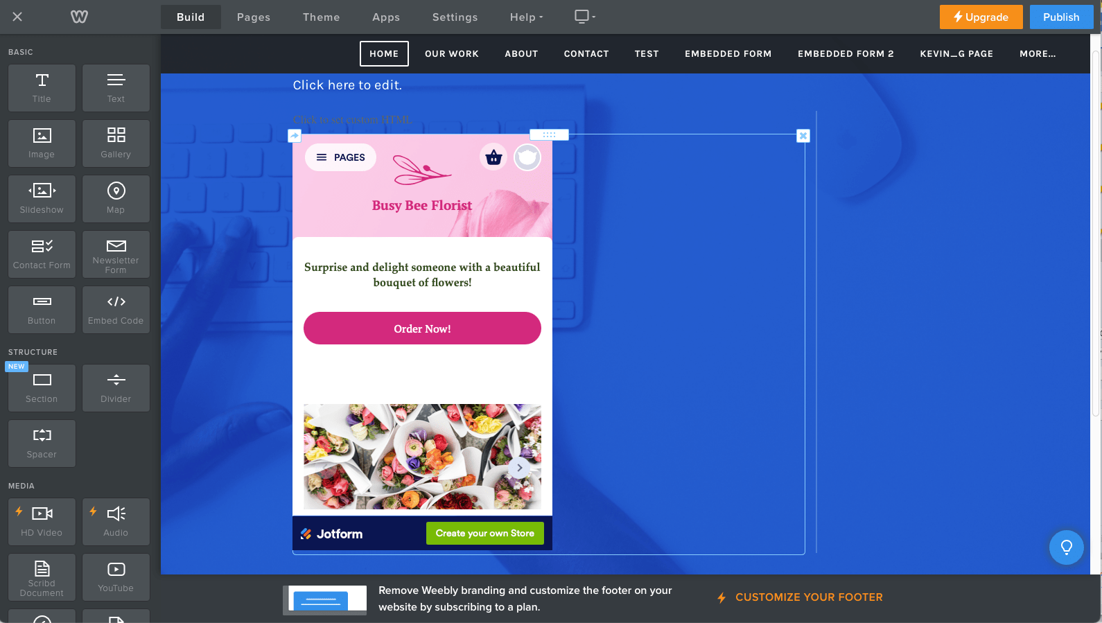 Screenshot of Weebly's site builder with a Jotform Store embedded into the middle of the screen