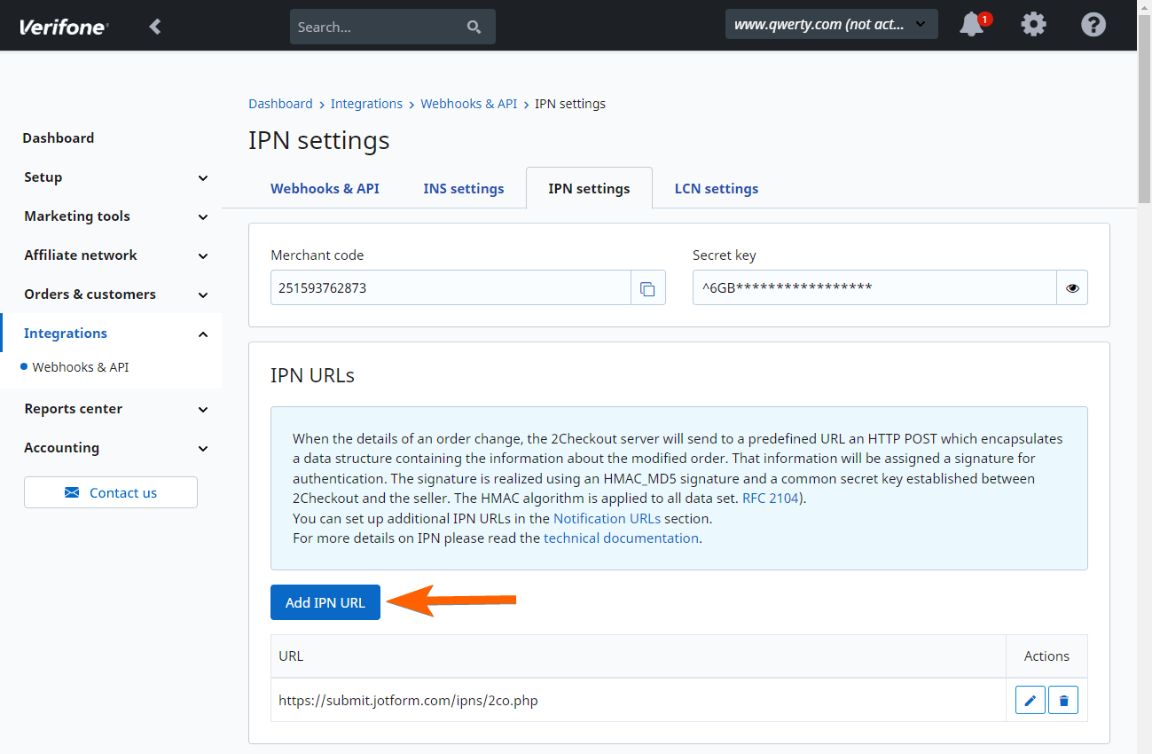 How to Add Jotform’s IPN URL to 2Checkout?