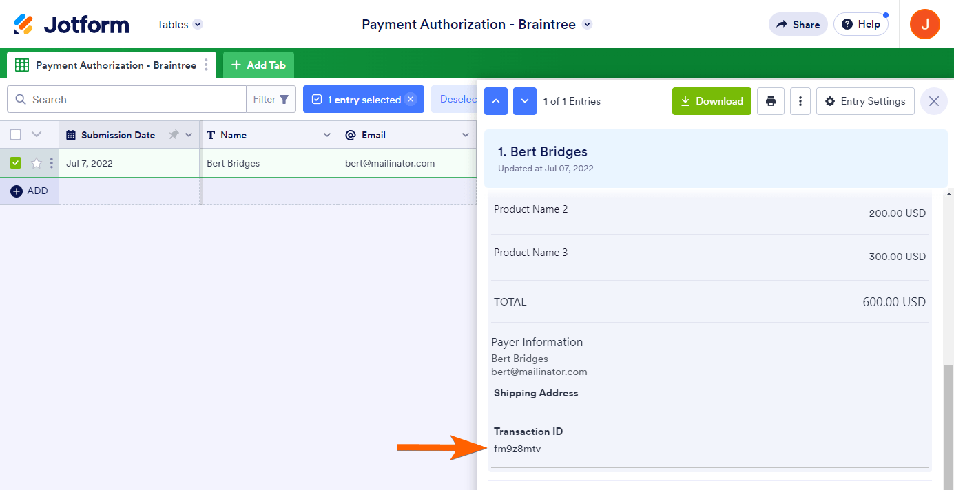 Braintree transaction id