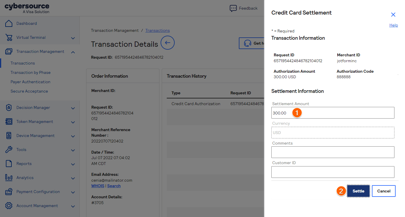Cybersource settle transaction prompt