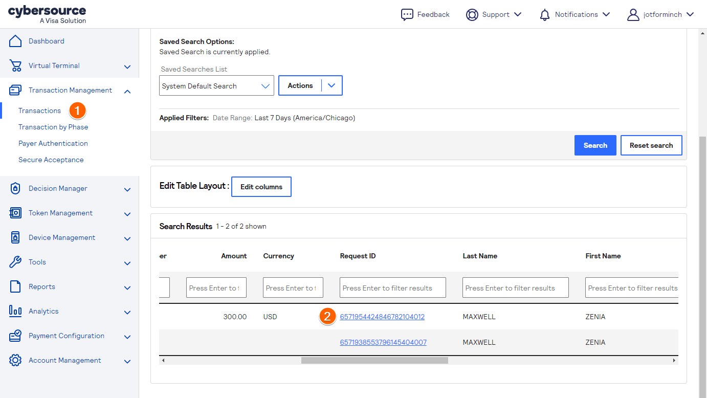 Cybersource transactions list