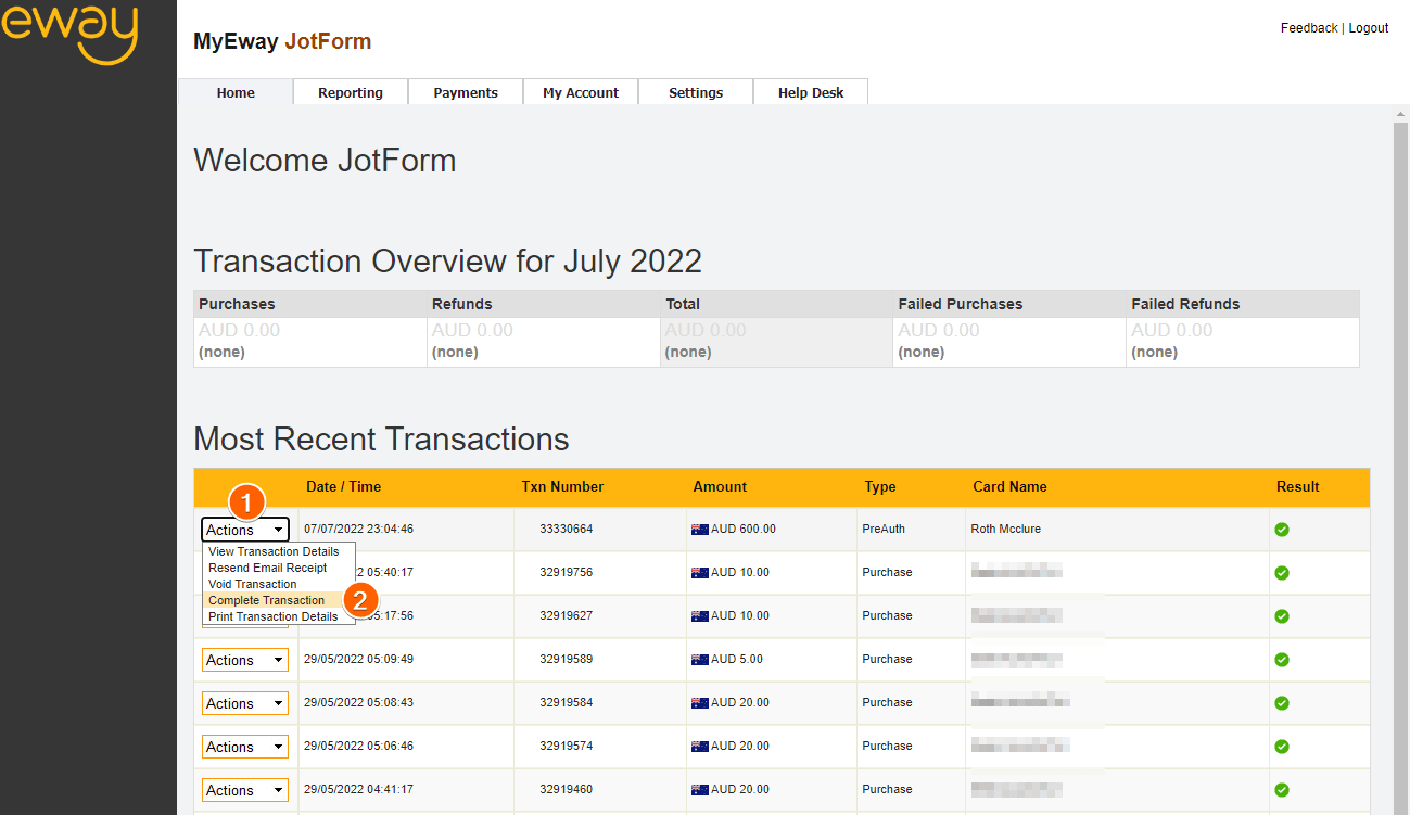 Eway complete transaction option