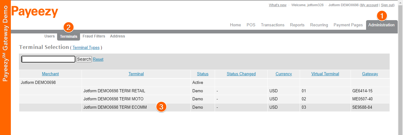 Terminals section of the First Data user's account dashboard showing the the list of Terminals