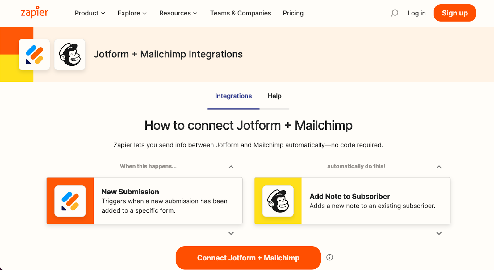 Screenshot of Jotform and Mailchimp’s Zapier integration page