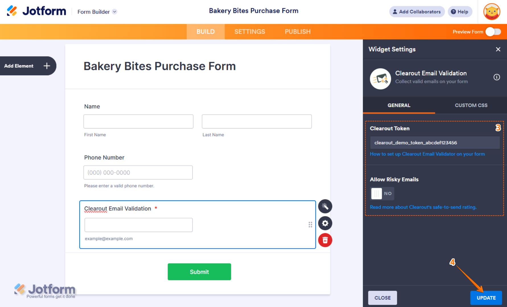 Paste Clearout token and toggle Risky emails in widget settings in Jotform