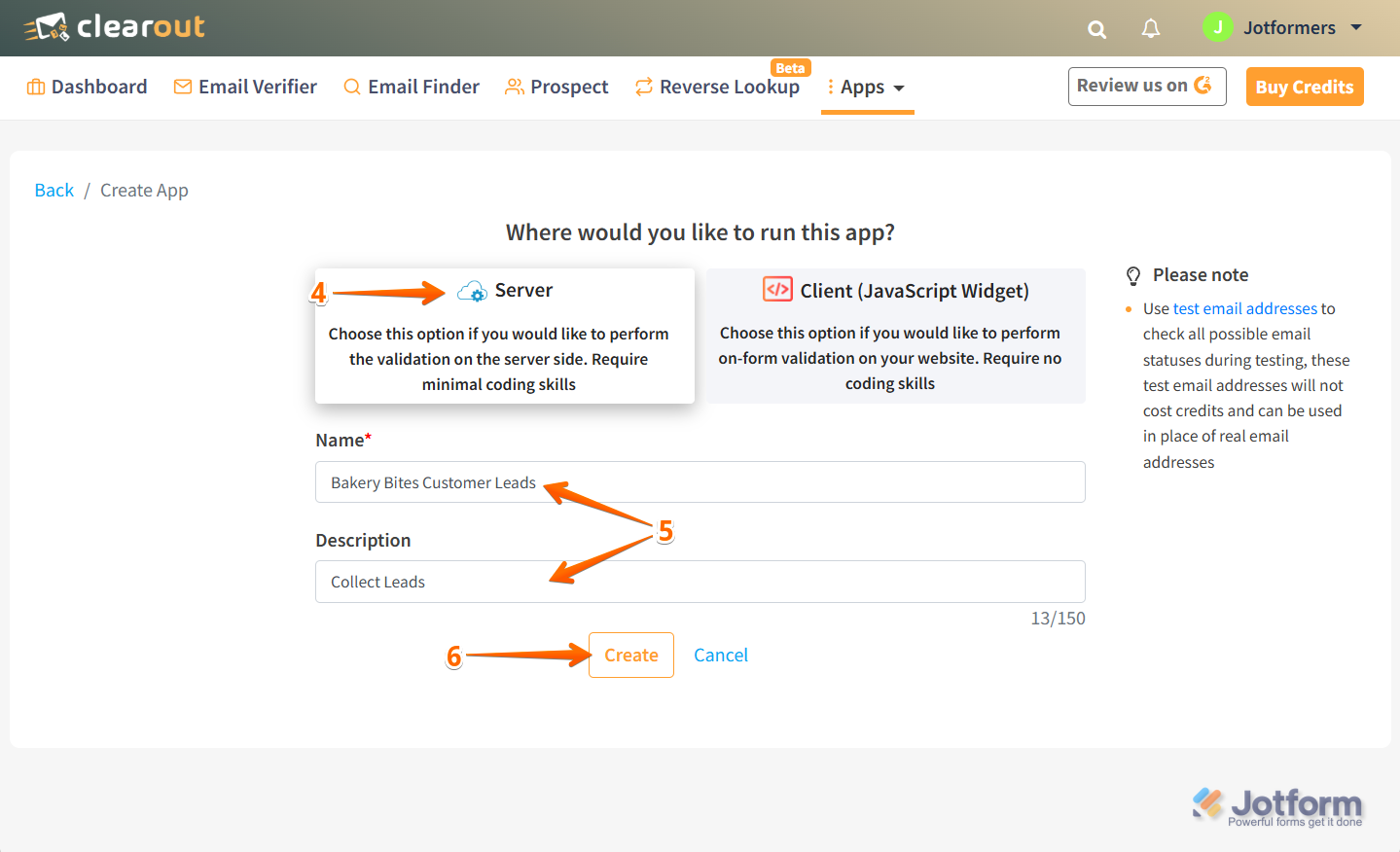 Click Server, enter App Name and Description, then click Create in Clearout