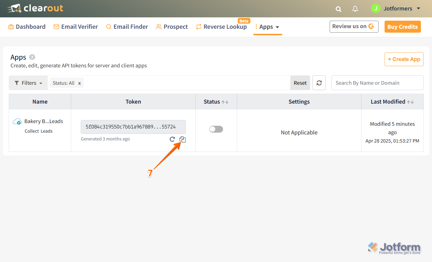 Click Copy icon to copy your API token in Clearout
