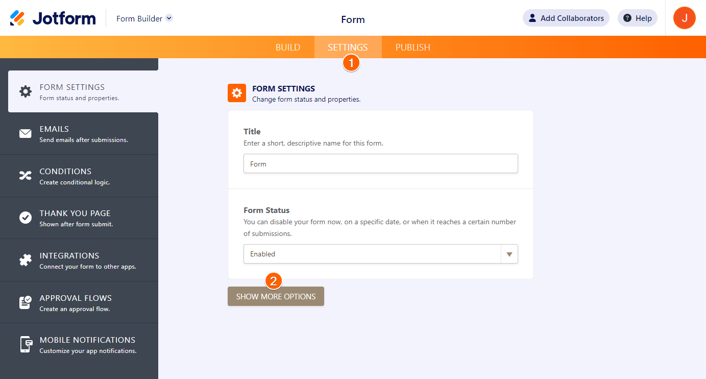 Configuración de Formularios de Jotform Form Builder mostrando el botón Mostrar más opciones