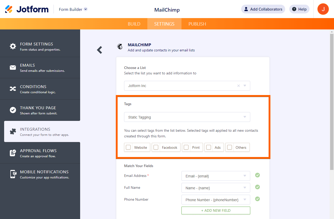 Opción de etiquetado estático en la configuración de integración de Mailchimp