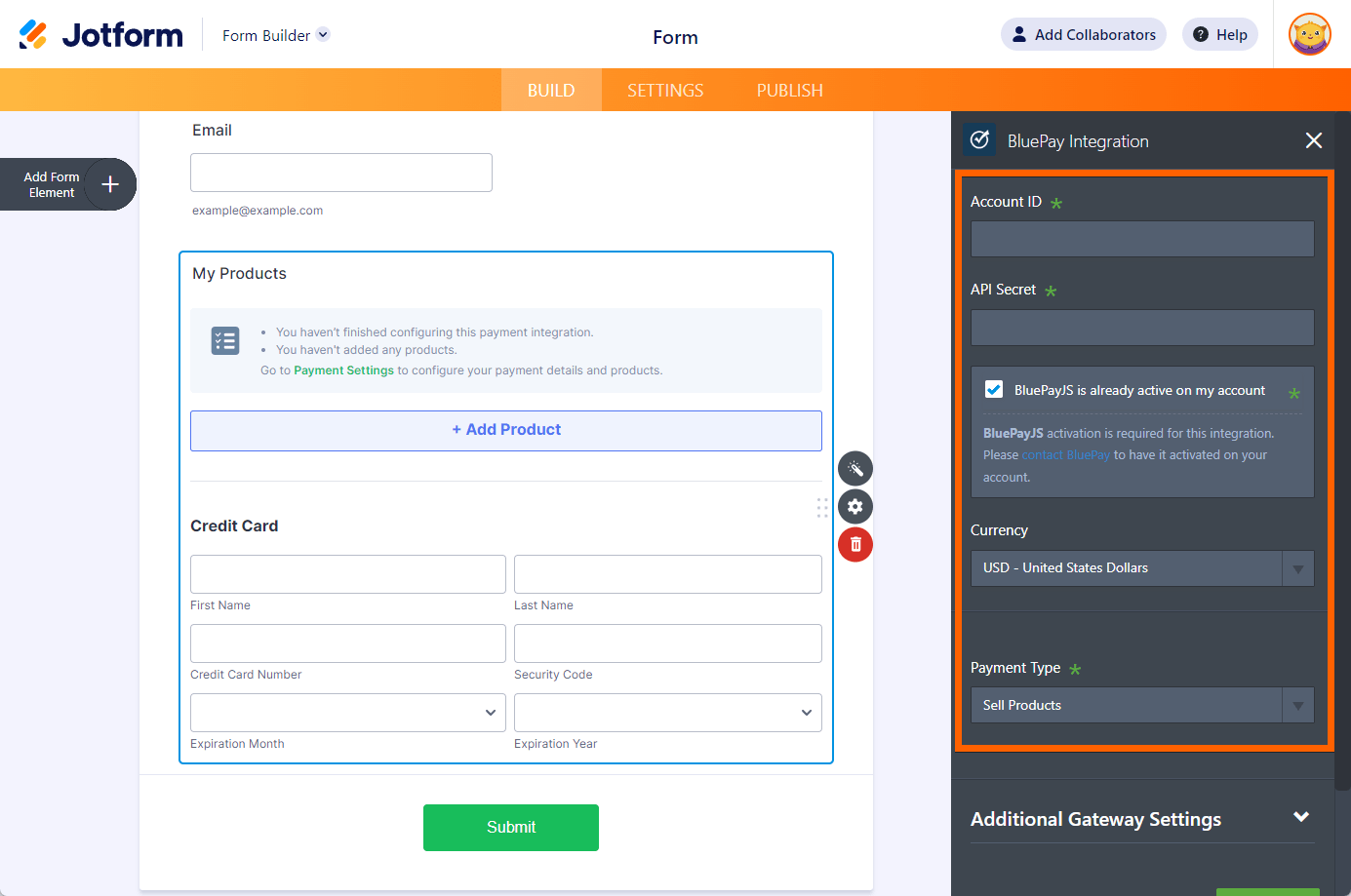 jotform-payments-bluepay-payment-settings