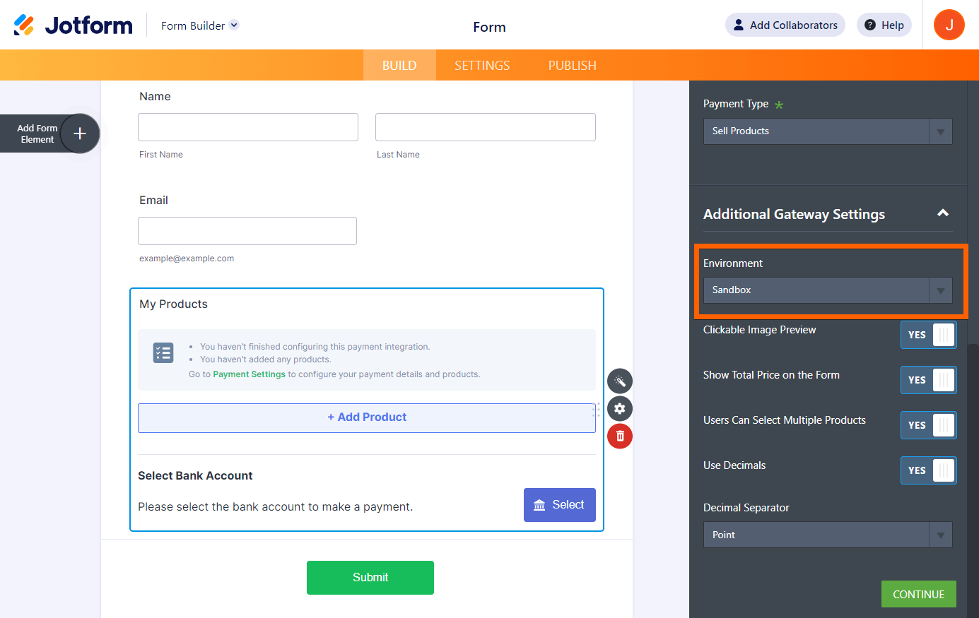 Configuración adicional de la pasarela de la integración de Stripe ACH con el selector desplegable para el entorno de Stripe ACH