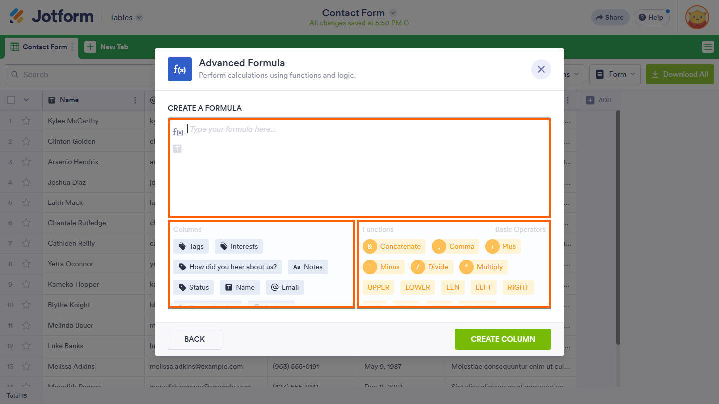 Crear Fórmula en la Ventana de Fórmula Avanzada en Jotform Tablas