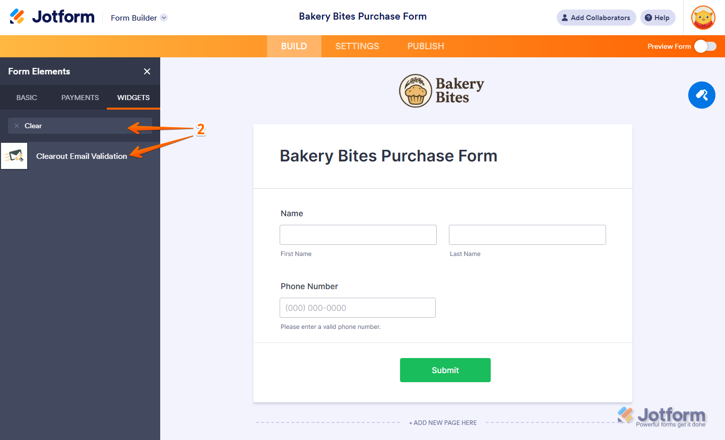 Search Clearout Email Validation under Widgets and click to add in Jotform