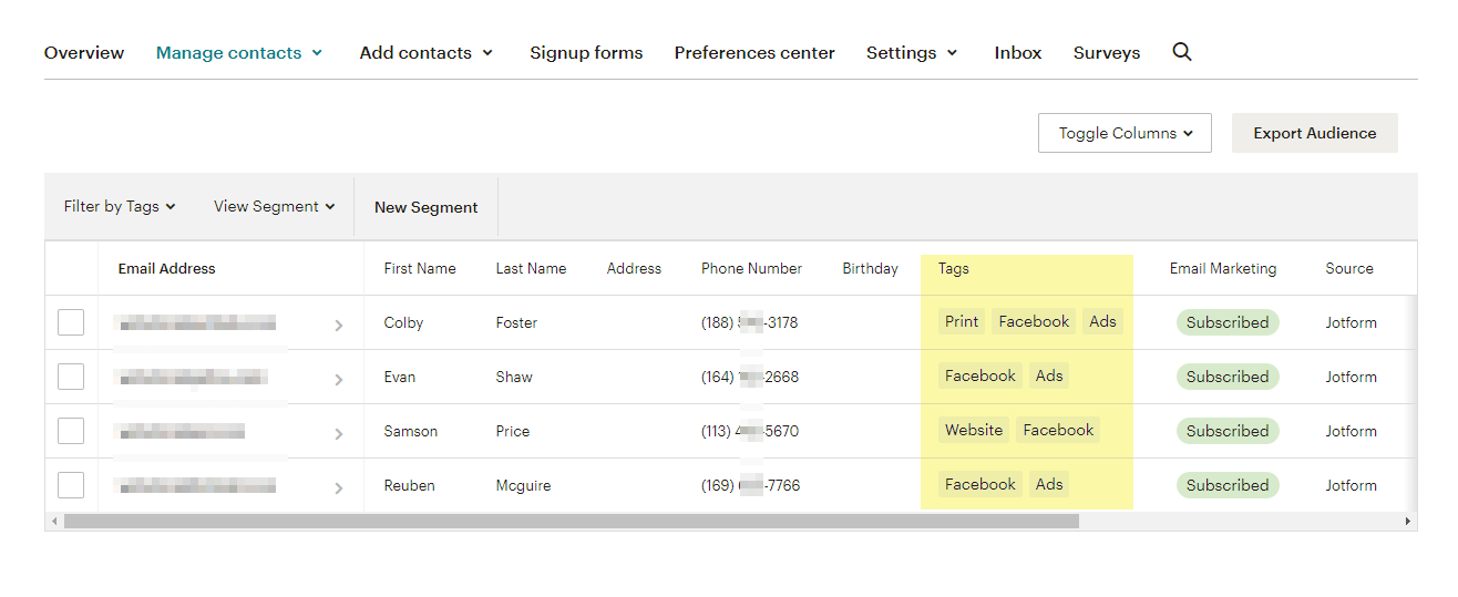 Contactos en la lista de Mailchimp con Etiquetas