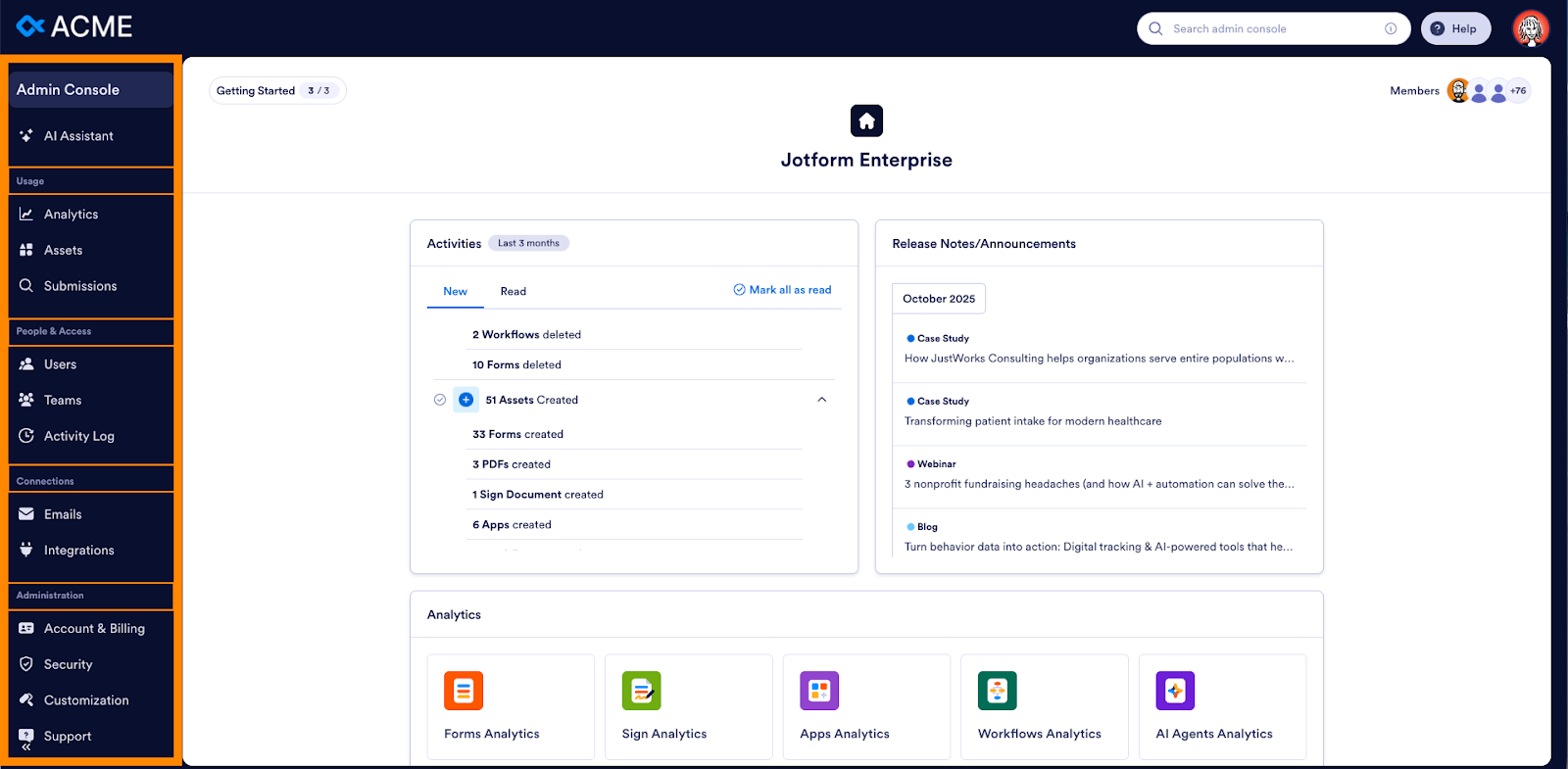 Highlighting the Admin Console panel on the Enterprise Account