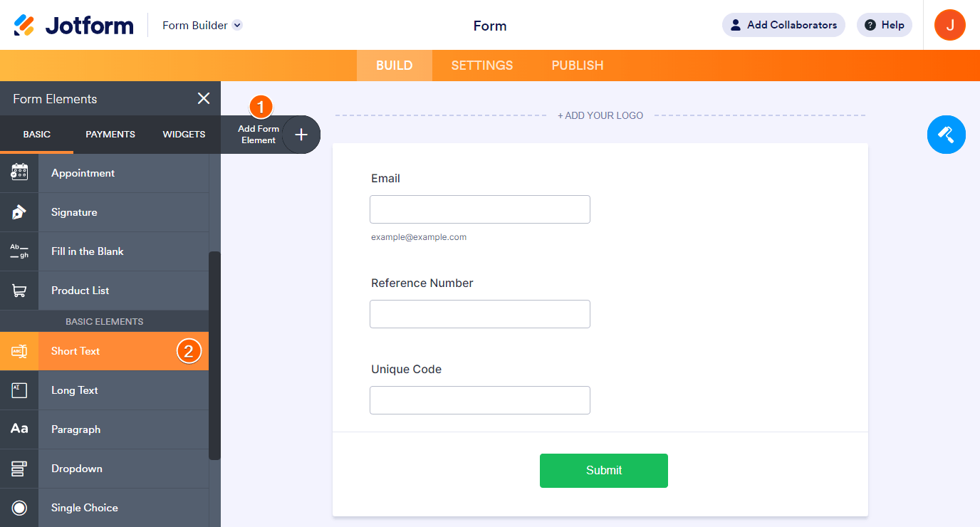 Creador de Formularios de Jotform mostrando el botón Agregar Elemento de Formulario y el elemento Texto Breve bajo Elementos Básicos