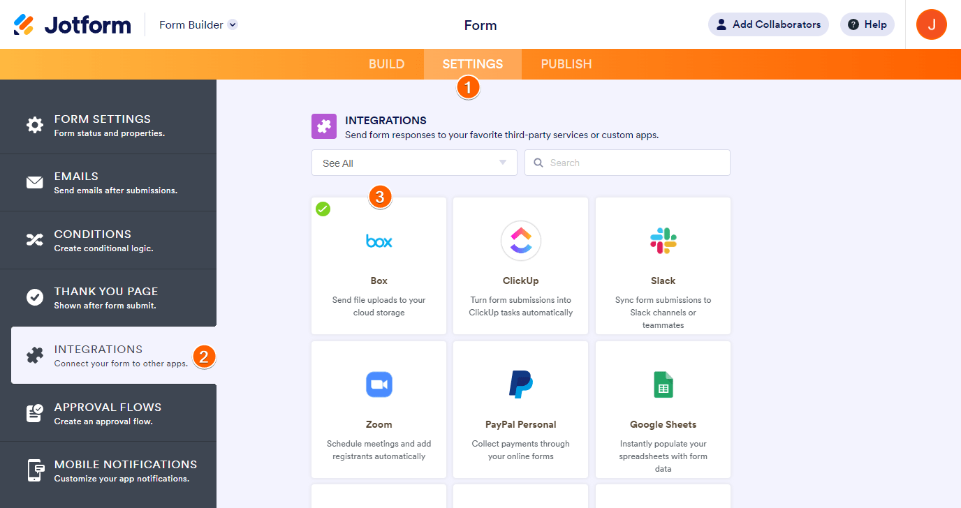 Opción de integración con Box en el Creador de Formularios de Jotform