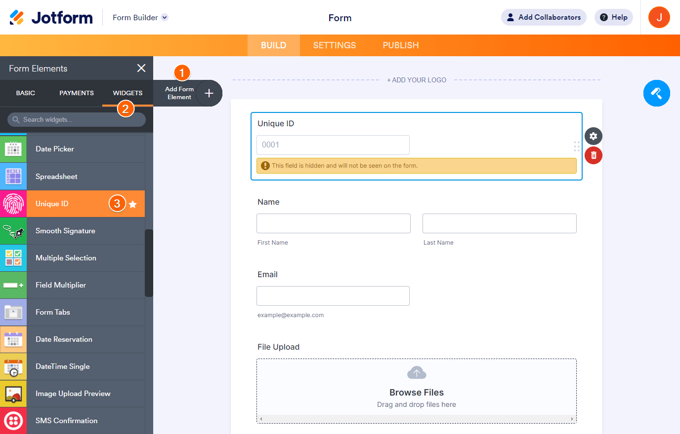 Widget de ID único agregado en el formulario a través de la pestaña de Widgets del Creador de Formularios de Jotform