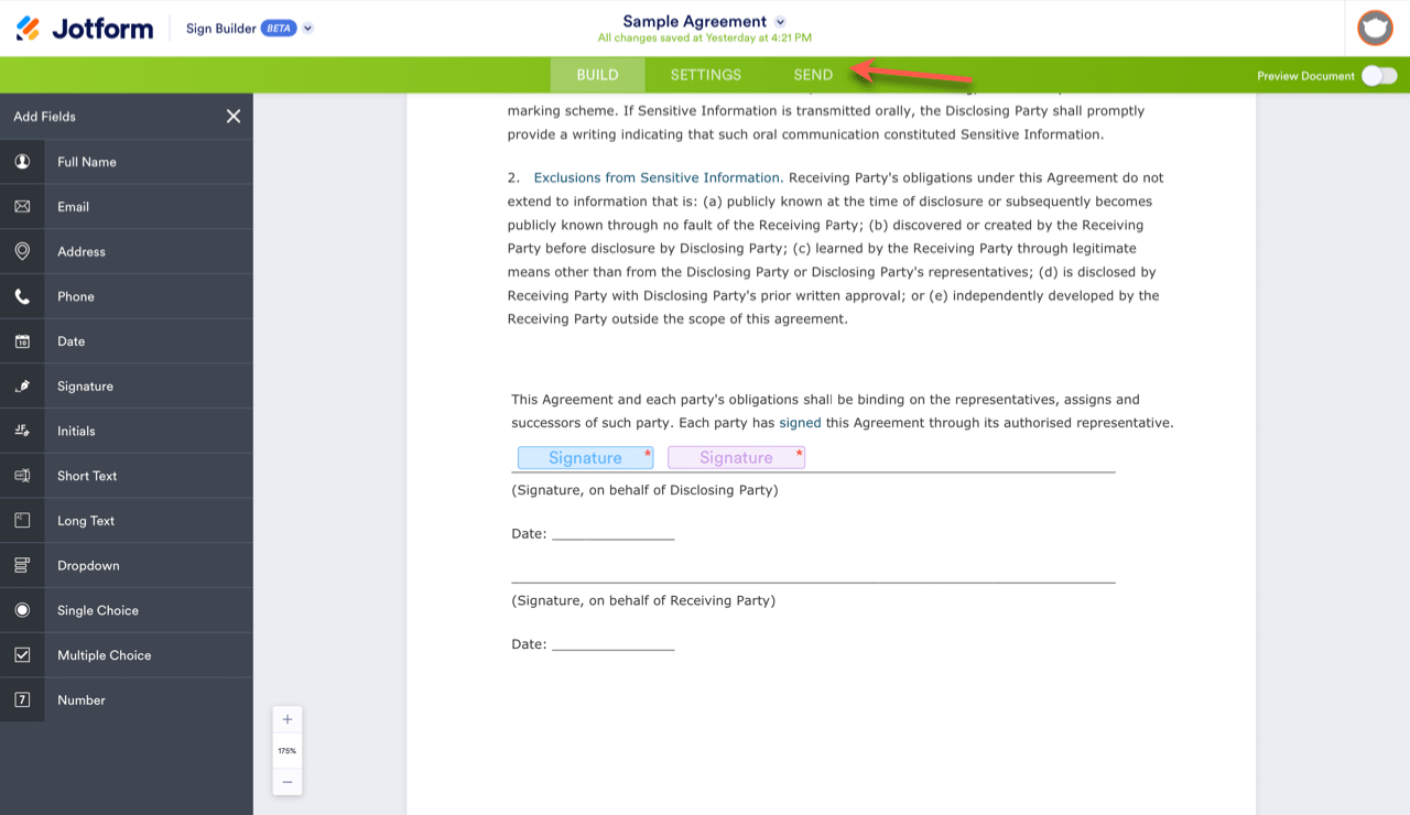 Image of the Jotform Sign Builder with an arrow pointing to the send tab