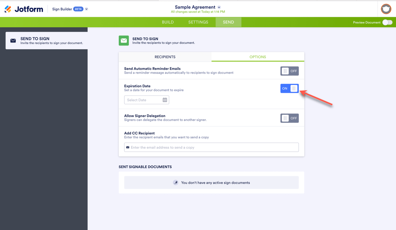 Image of the Send tab with the Expiration Date switch toggled to On