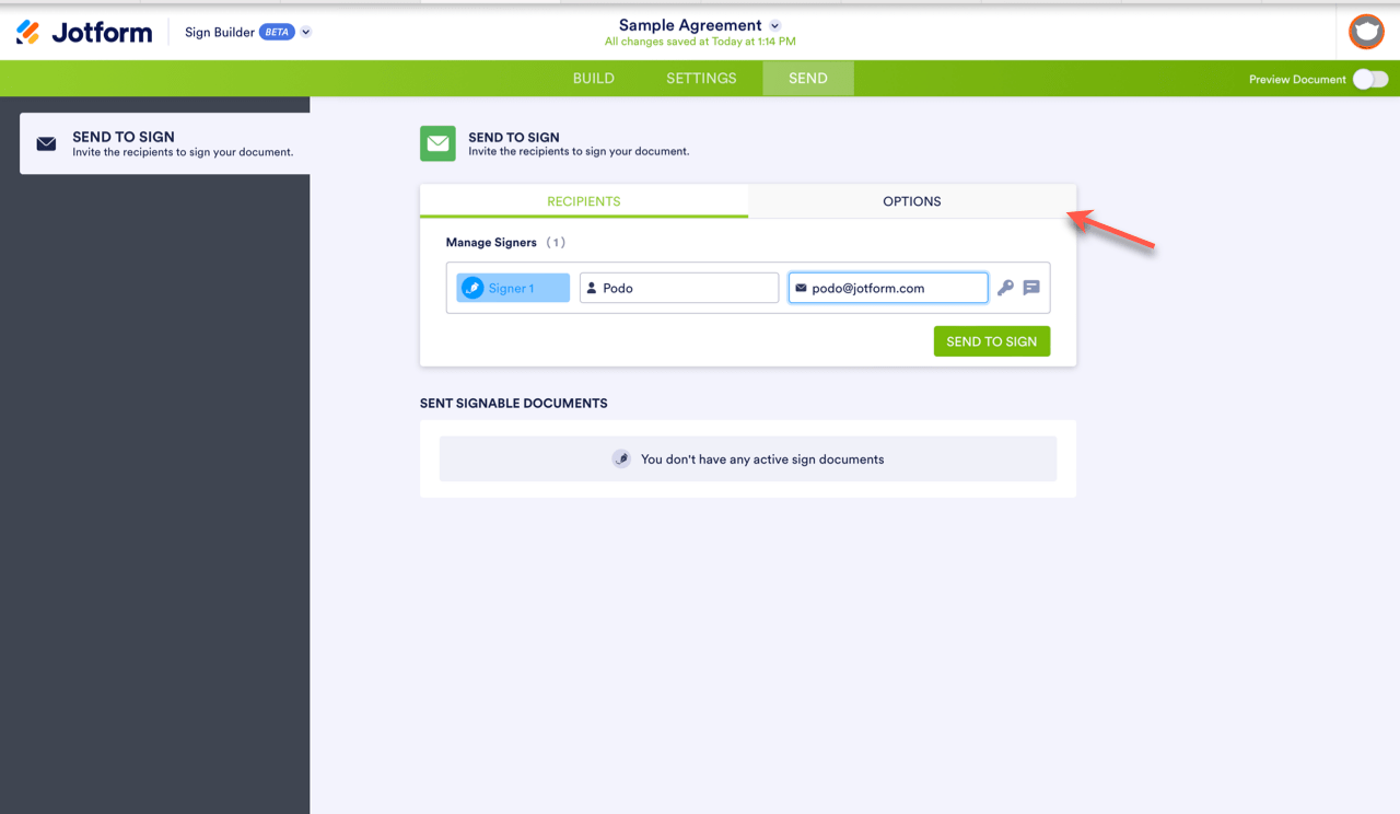 Image of the Send tab within the Sign Builder