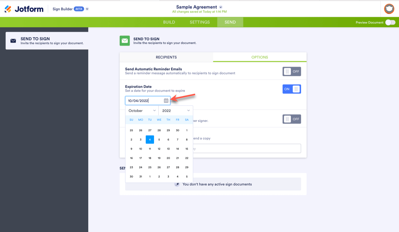 An image of the Options tab underneath the Send tab with an arrow pointing to the calendar icon