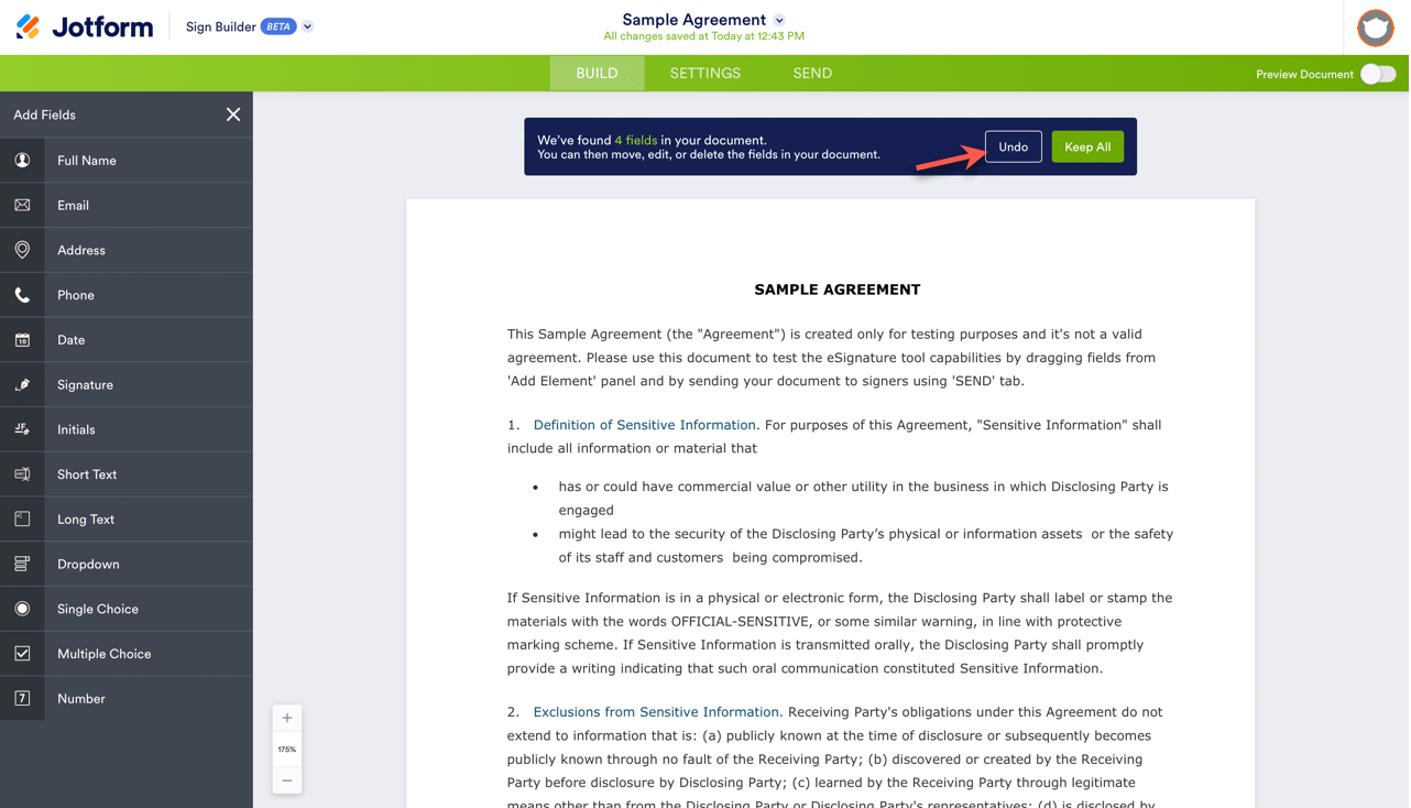 Image of a sample agreement in Sign Builder